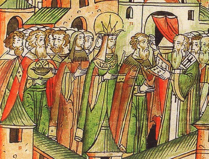 Венчание Василия III Иоанновича и Елены Глинской. Фрагмент миниатюры Лицевого летописного свода. XVI в. Венчание Василия III Иоанновича и Елены Глинской. Фрагмент миниатюры Лицевого летописного свода. XVI в.
